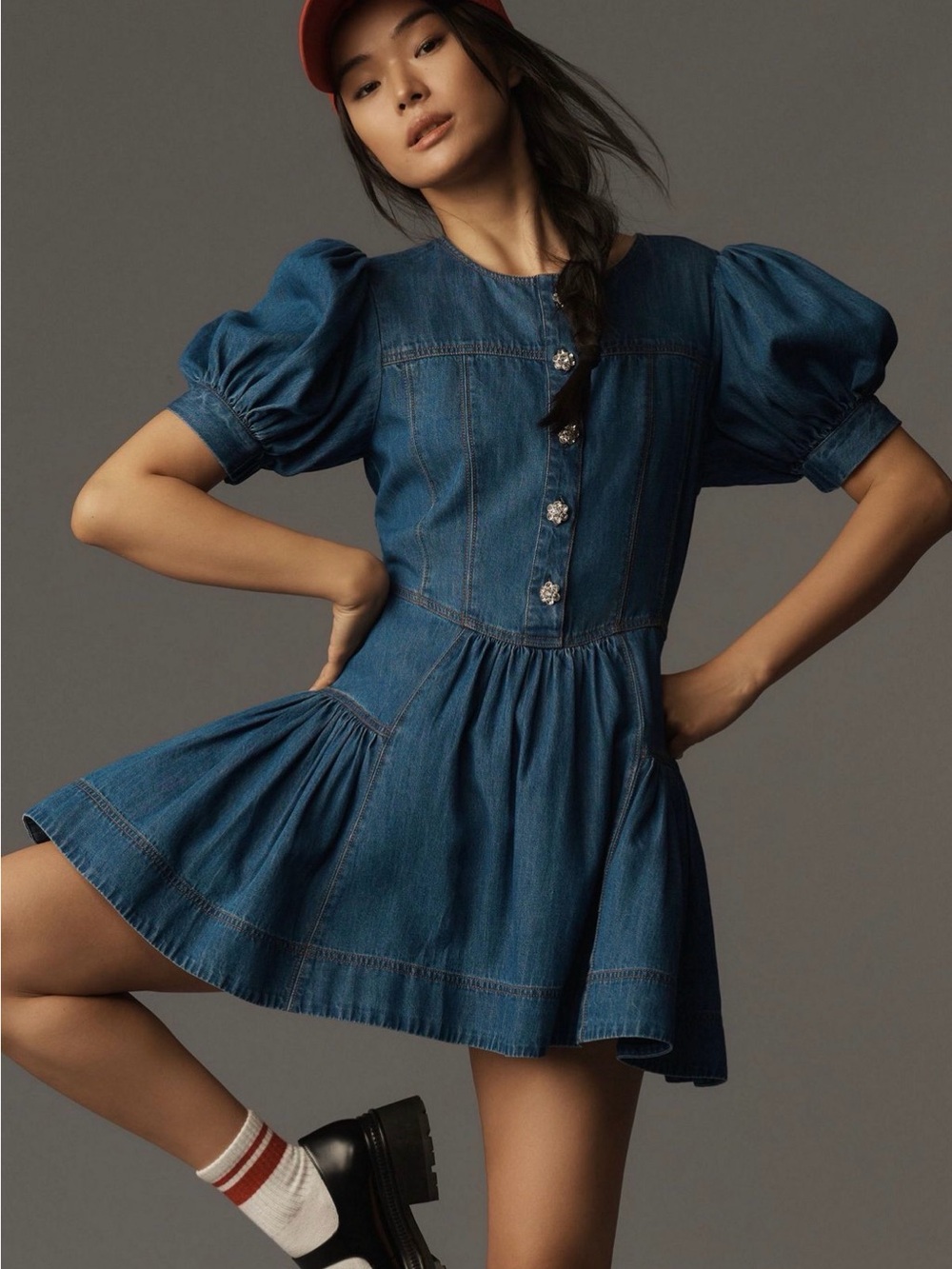 Anthropologie Maeve crystal Blue Denim tiered Mini Dress with Puff Sleeves